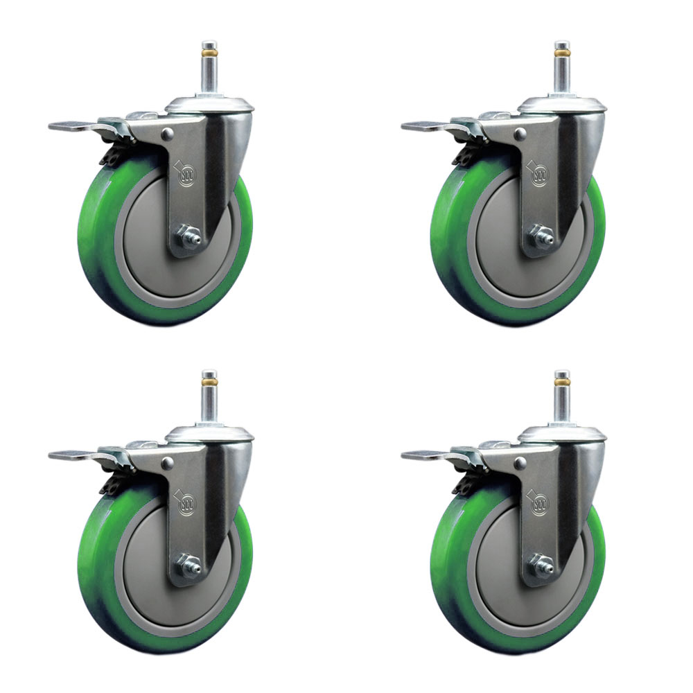 Polyurethane Swivel Grip Ring Stem Caster Set of 4 w/5" x 1.25" Green Wheels and 7/16" Stems - Includes 4 with Total Lock Brakes - 1400 lbs Total Capacity - Service Caster Brand — photo 1