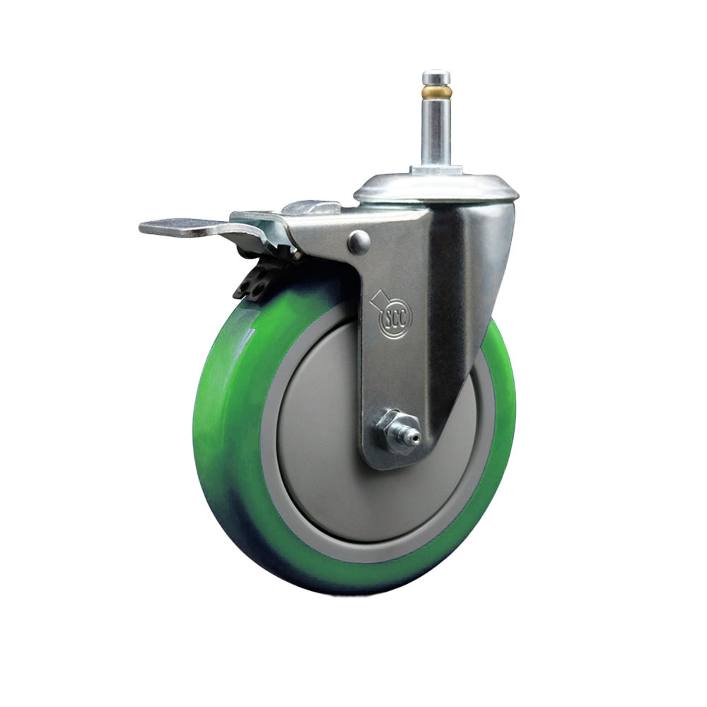 Polyurethane Swivel Grip Ring Stem Caster w/5" x 1.25"  Green Wheel and 7/16" Stem & Total Locking Brake - 350 lbs Capacity/Caster - Service Caster Brand — photo 1