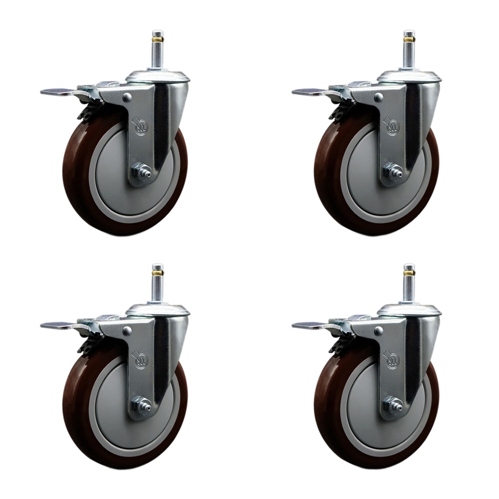 Polyurethane Swivel Grip Ring Stem Caster Set of 4 w/5" x 1.25" Maroon Wheels and 7/16" Stems - Includes 4 with Total Lock Brakes - 1400 lbs Total Capacity - Service Caster Brand — photo 1