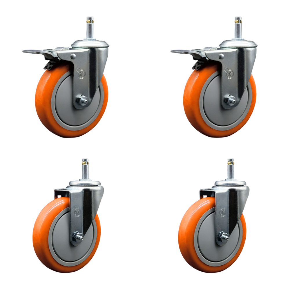 Polyurethane Swivel Grip Ring Stem Caster Set of 4 w/5" x 1.25"  Orange Wheels and 7/16" Stems - Includes 2 with Total Locking Brake - 1400 lbs Total Capacity - Service Caster Brand — photo 1