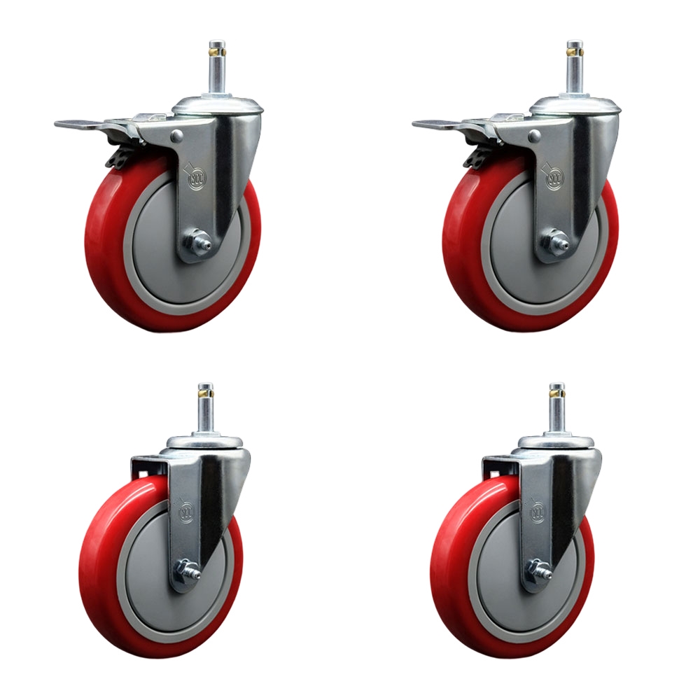 Polyurethane Swivel Grip Ring Stem Caster Set of 4 w/5" x 1.25"  Red Wheels and 7/16" Stems - Includes 2 with Total Locking Brake - 1400 lbs Total Capacity - Service Caster Brand — photo 1