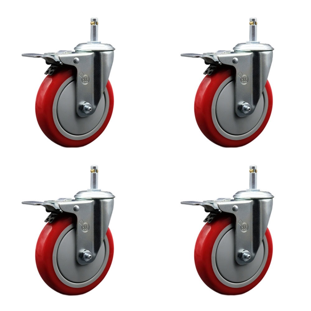 Polyurethane Swivel Grip Ring Stem Caster Set of 4 w/5" x 1.25" Red Wheels and 7/16" Stems - Includes 4 with Total Lock Brakes - 1400 lbs Total Capacity - Service Caster Brand — photo 1