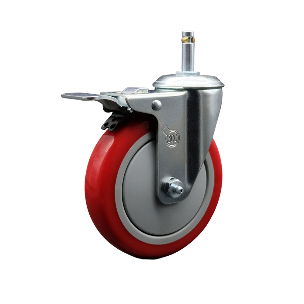Polyurethane Swivel Grip Ring Stem Caster w/5" x 1.25"  Red Wheel and 7/16" Stem & Total Locking Brake - 350 lbs Capacity/Caster - Service Caster Brand — photo 1