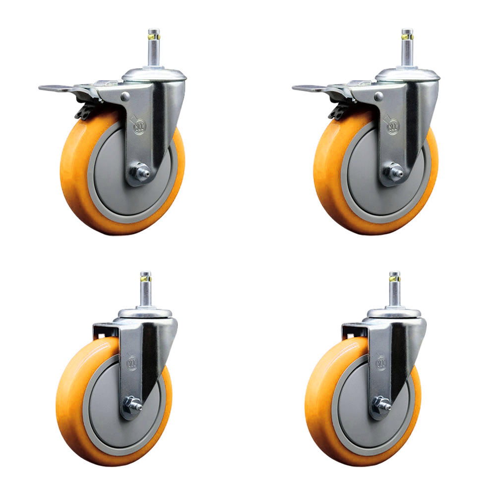 Polyurethane Swivel Grip Ring Stem Caster Set of 4 w/5" x 1.25"  Yellow Wheels and 7/16" Stems - Includes 2 with Total Locking Brake - 1400 lbs Total Capacity - Service Caster Brand — photo 1