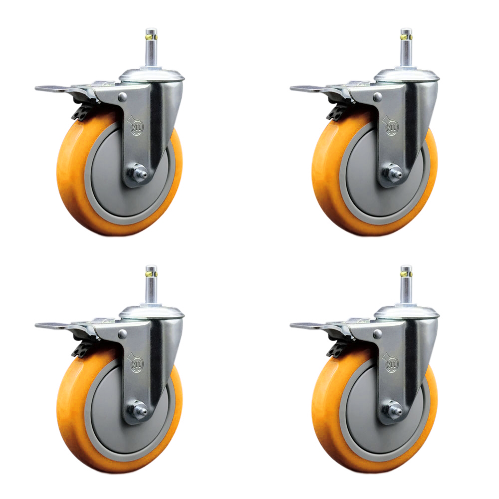 Polyurethane Swivel Grip Ring Stem Caster Set of 4 w/5" x 1.25" Yellow Wheels and 7/16" Stems - Includes 4 with Total Lock Brakes - 1400 lbs Total Capacity - Service Caster Brand — photo 1