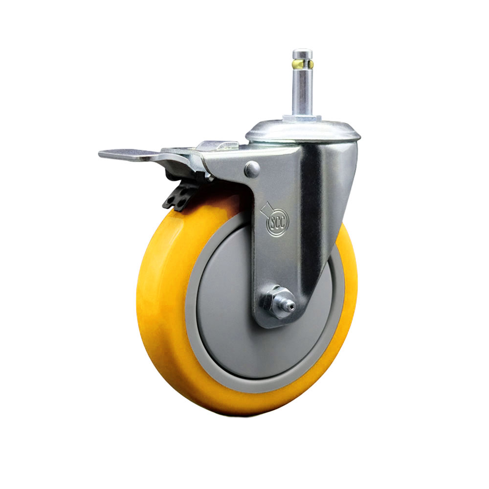 Polyurethane Swivel Grip Ring Stem Caster w/5" x 1.25"  Yellow Wheel and 7/16" Stem & Total Locking Brake - 350 lbs Capacity/Caster - Service Caster Brand — photo 1