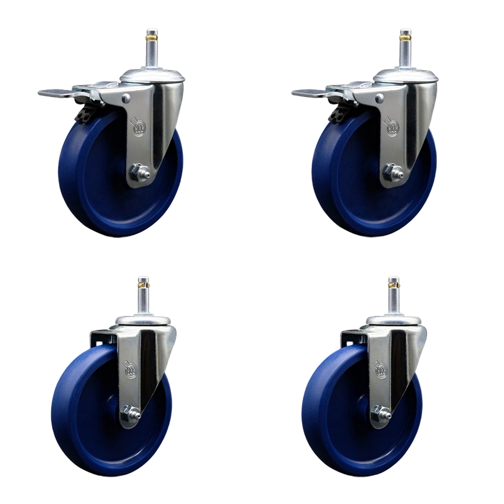 Solid Polyurethane Swivel Grip Ring Stem Caster Set of 4 w/5" x 1.25" Blue Wheels and 7/16" Stems - Includes 2 with Total Locking Brake - 1200 lbs Total Capacity - Service Caster Brand — photo 1