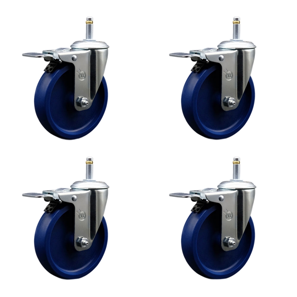 Solid Polyurethane Swivel Grip Ring Stem Caster Set of 4 w/5" x 1.25" Blue Wheels and 7/16" Stems - Includes 4 with Total Lock Brakes - 1200 lbs Total Capacity - Service Caster Brand — photo 1