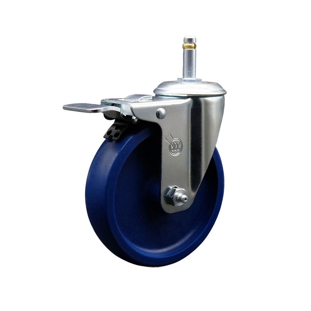 Solid Polyurethane Swivel Grip Ring Stem Caster w/5" x 1.25" Blue Wheel and 7/16" Stem & Total Locking Brake - 300 lbs Capacity/Caster - Service Caster Brand — photo 1