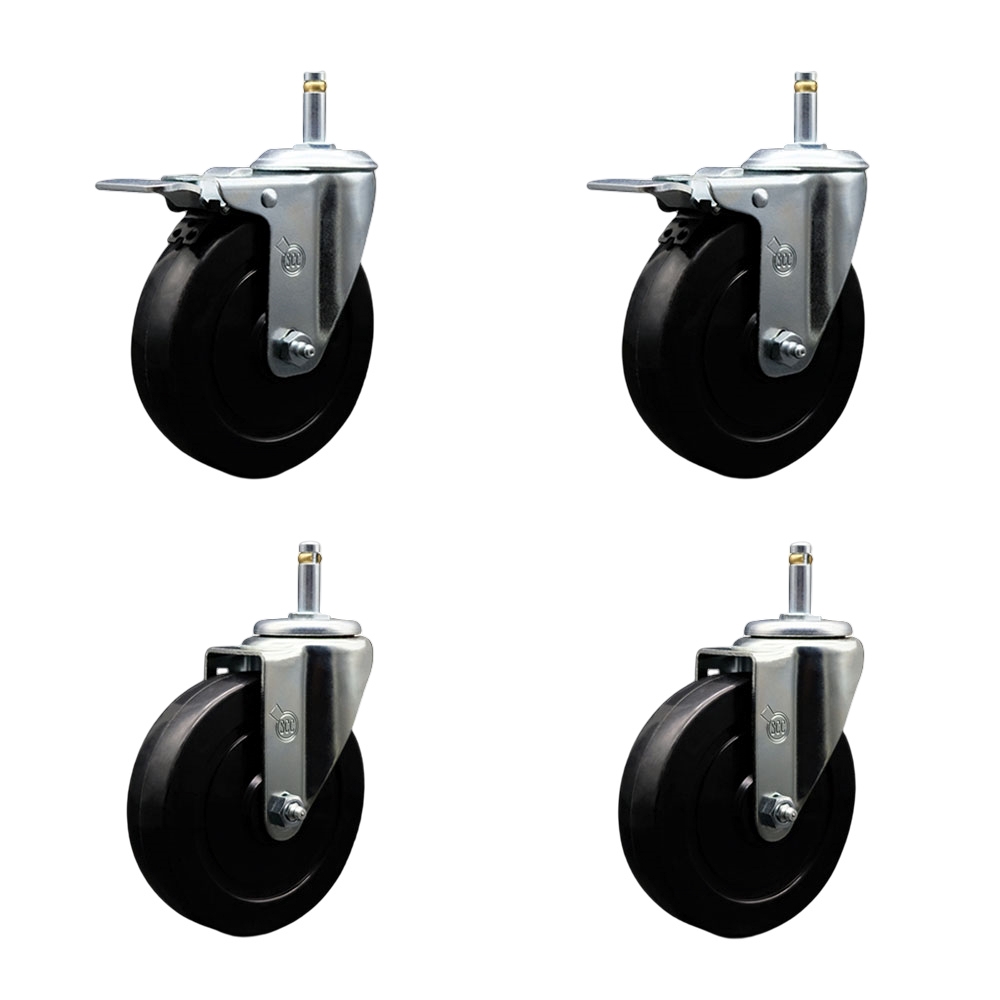 Soft Rubber Swivel Grip Ring Stem Caster Set of 4 w/5" x 1.25" Black Wheels and 7/16" Stems - Includes 2 with Total Locking Brake - 1100 lbs Total Capacity - Service Caster Brand — photo 1