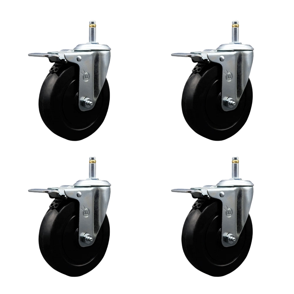 Soft Rubber Swivel Grip Ring Stem Caster Set of 4 w/5" x 1.25" Black Wheels and 7/16" Stems - Includes 4 with Total Lock Brakes - 1100 lbs Total Capacity - Service Caster Brand — photo 1