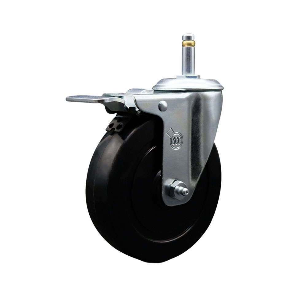 Soft Rubber Swivel Grip Ring Stem Caster w/5" x 1.25" Black Wheel and 7/16" Stem & Total Locking Brake - 275 lbs Capacity/Caster - Service Caster Brand — photo 1