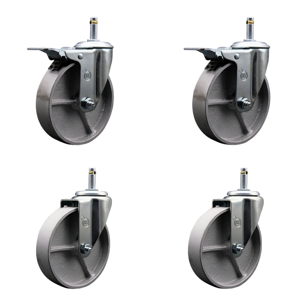 Semi Steel Cast Iron Swivel Grip Ring Stem Caster w/Roller Bearings Set of 4 - 5" x 1.5" Silver Wheels and 7/16" Stems-Includes 2 with Total Locking Brake-1200lbs Total Capacity - Service Caster Brand — photo 1