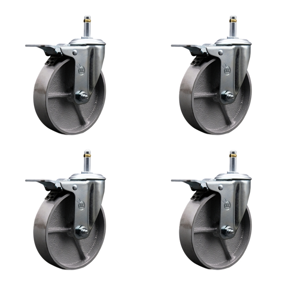 Semi Steel Cast Iron Swivel Grip Ring Stem Caster w/Roller Bearings Set of 4 w/5" x 1.5" Silver Wheels and 7/16" Stems - Includes 4 with Total Lock Brakes-1200lbs Total Capacity - Service Caster Brand — photo 1