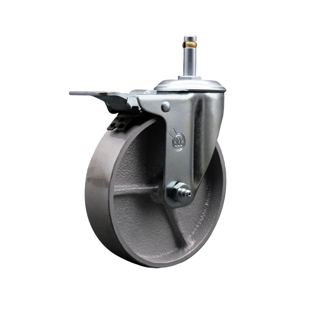 Semi Steel Cast Iron Swivel Grip Ring Stem Caster - 5" x 1.25" Silver Wheel and 7/16" Stem & Total Locking Brake - 300 lbs Capacity/Caster - Service Caster Brand — photo 1
