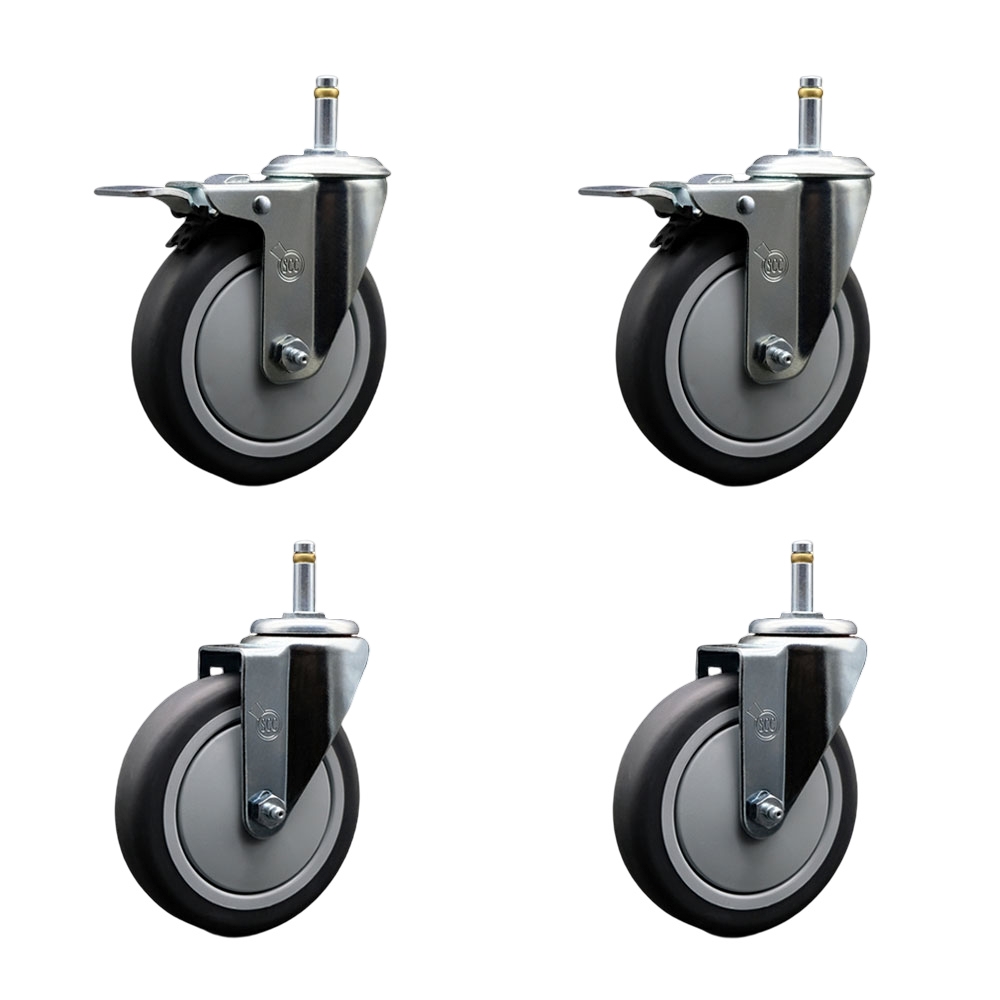 Thermoplastic Rubber Swivel Grip Ring Stem Caster Set of 4 - 5" x 1.25" Gray Wheels and 7/16" Stems - Includes 2 with Total Locking Brake - 1200 lbs Total Capacity - Service Caster Brand — photo 1