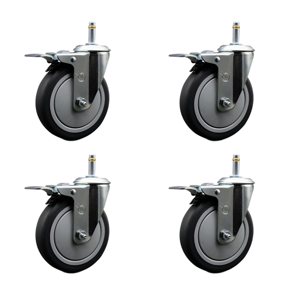 Thermoplastic Rubber Swivel Grip Ring Stem Caster Set of 4 w/5" x 1.25" Gray Wheels and 7/16" Stems - Includes 4 with Total Lock Brakes - 1200 lbs Total Capacity - Service Caster Brand — photo 1