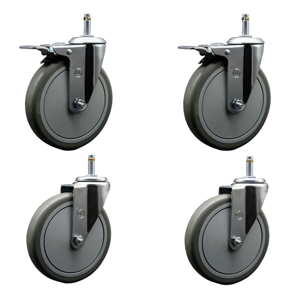 Polyurethane Swivel Grip Ring Stem Caster Set of 4 w/6" x 1.25"  Gray Wheels and 7/16" Stems - Includes 2 with Total Locking Brake - 1400 lbs Total Capacity - Service Caster Brand — photo 1