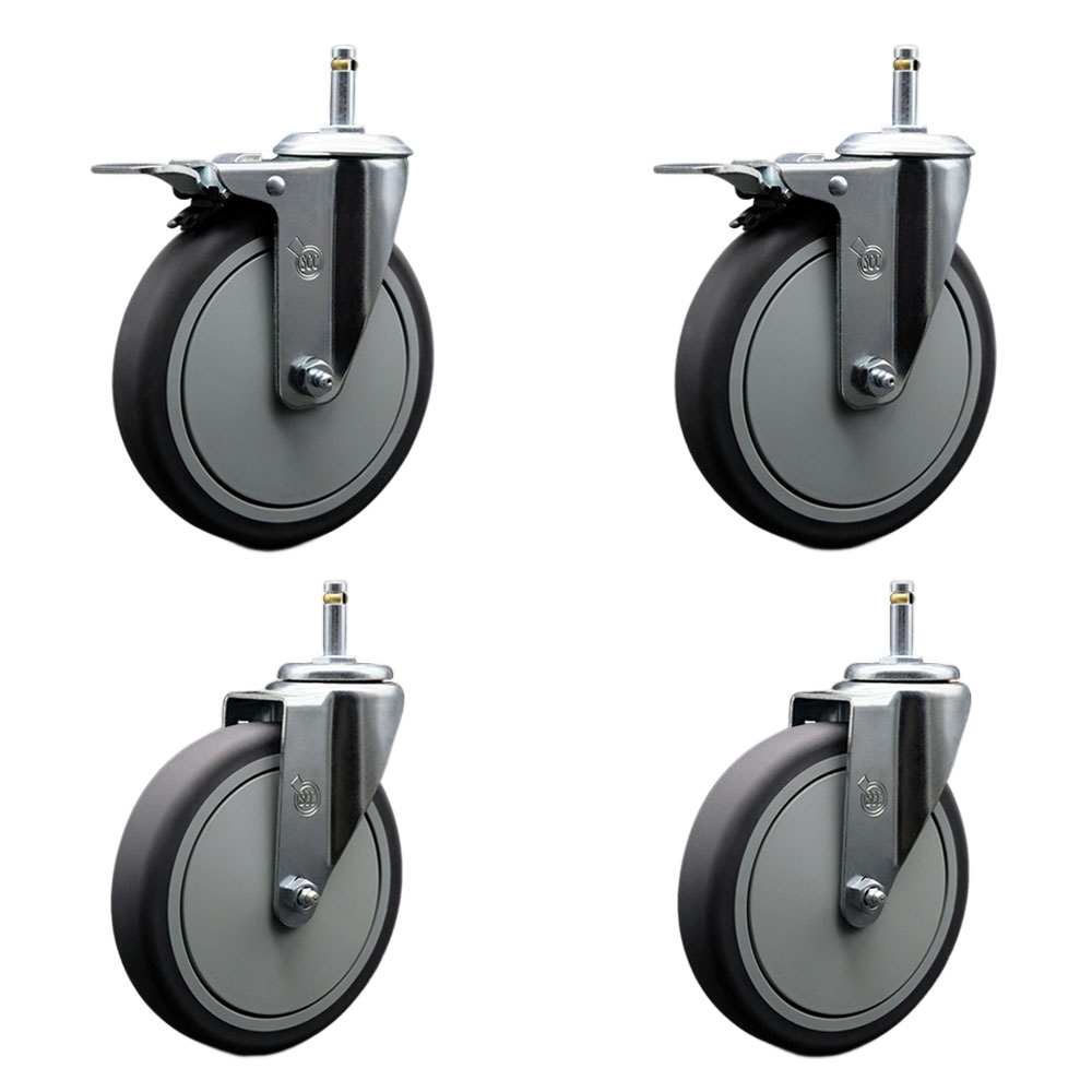 Thermoplastic Rubber Swivel Grip Ring Stem Caster Set of 4 - 6" x 1.25" Gray Wheels and 7/16" Stems - Includes 2 with Total Locking Brake - 1200 lbs Total Capacity - Service Caster Brand — photo 1