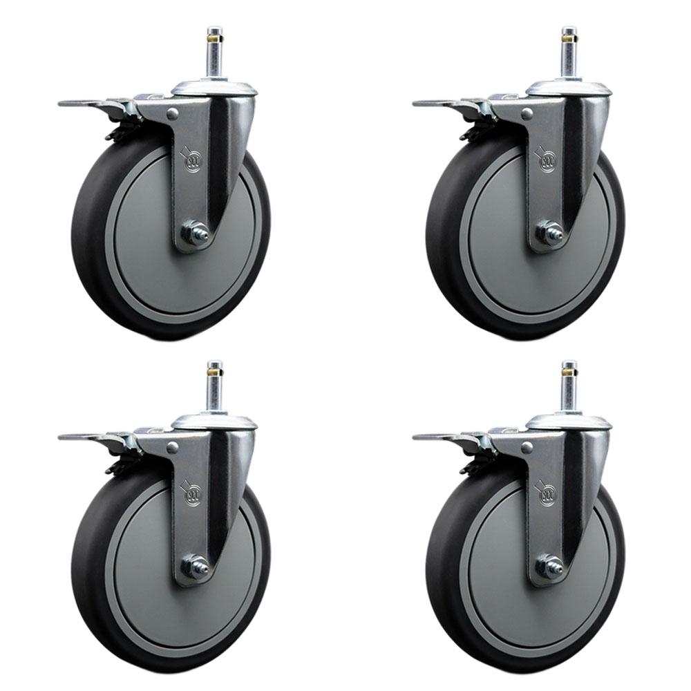Thermoplastic Rubber Swivel Grip Ring Stem Caster Set of 4 w/6" x 1.25" Gray Wheels and 7/16" Stems - Includes 4 with Total Lock Brakes - 1200 lbs Total Capacity - Service Caster Brand — photo 1