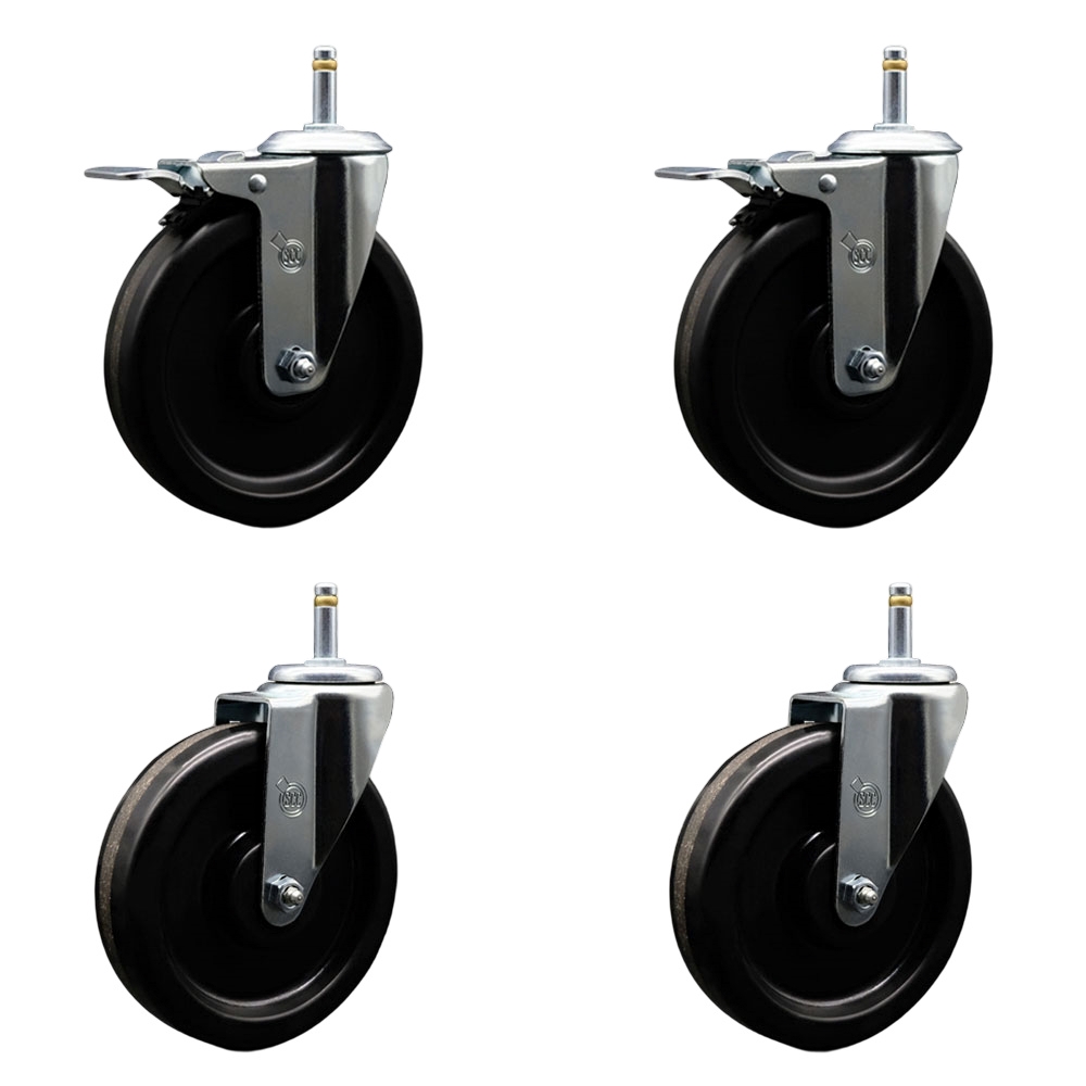 Phenolic Swivel Grip Ring Stem Caster Set of 4 w/Roller Bearing - 6" x 1.5" Black Wheels and 7/16" Stems - Includes 2 with Total Locking Brake - 1200 lbs Total Capacity - Service Caster Brand — photo 1
