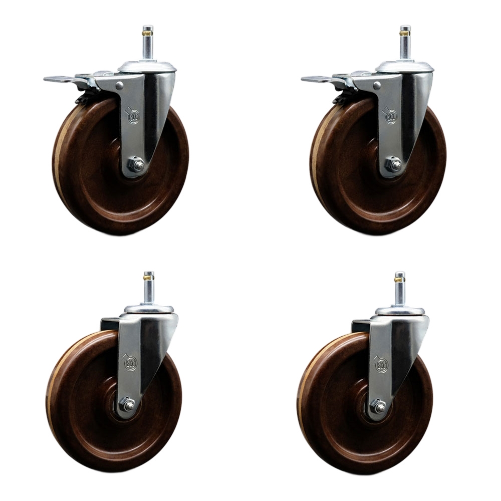 High Temperature Phenolic Swivel Grip Ring Stem Caster Set of 4 - 6" x 1.5" Brown Wheels and 7/16" Stems - Includes 2 with Total Locking Brake - 1200 lbs Total Capacity - Service Caster Brand — photo 1