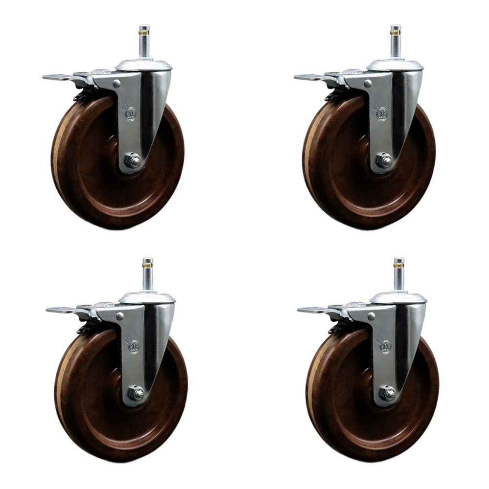 High Temperature Phenolic Swivel Grip Ring Stem Caster w/Roller Bearing Set of 4 w/6" x 1.5" Brown Wheels & 7/16" Stems - Includes 4 with Total Lock Brakes-1200 lbs Total Capacity-Service Caster Brand — photo 1