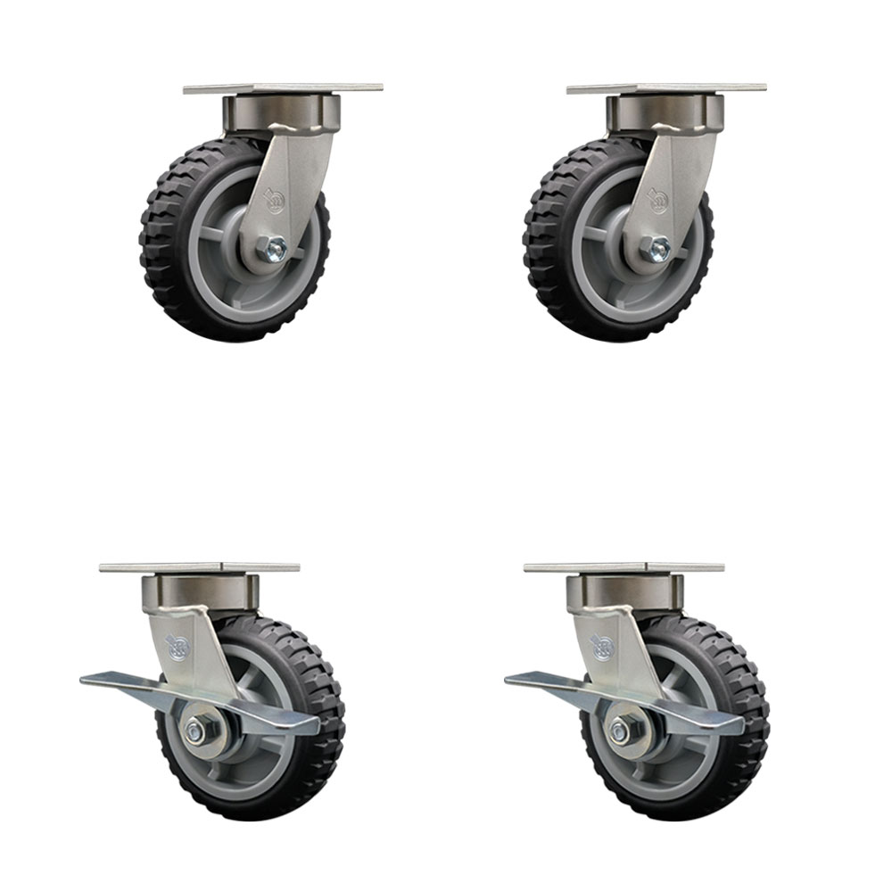 Heavy Duty Kingpinless Swivel Caster Set of 4 with 6 Inch MudderTuffer Thermoplastic Rubber Wheels and Ball Bearings-Includes 2 Swivel with Brake&2 Swivel-2,400lbs. Total Capacity-Service Caster Brand — photo 1