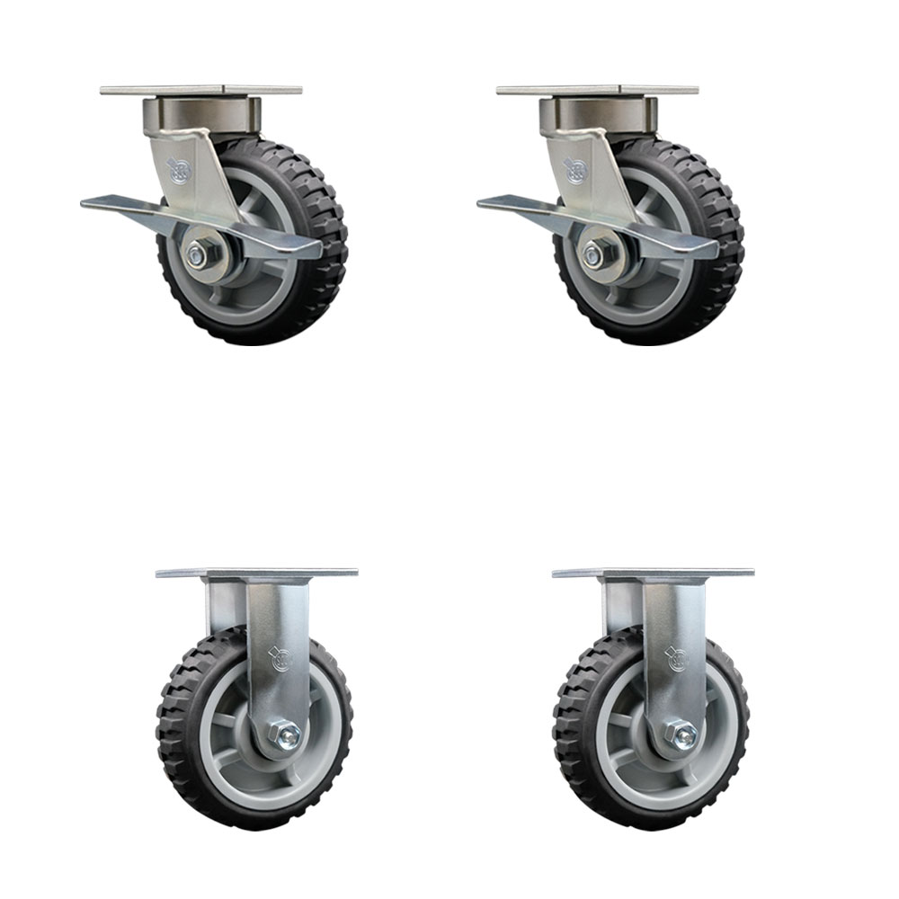 Heavy Duty Kingpinless Swivel Caster Set of 4 with 6 Inch MudderTuffer Thermoplastic Rubber Wheel and Ball Bearing-Include 2 Swivel with Brake and 2 Rigid-2,400lbs. Total Capacity-Service Caster Brand — photo 1