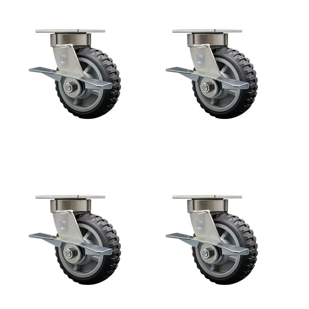 Heavy Duty Kingpinless Swivel Caster Set of 4 with 6 Inch MudderTuffer Thermoplastic Rubber Wheels and Ball Bearing-Include 4 Swivel with Side Lock Brake-2,400lbs. Total Capacity- Service Caster Brand — photo 1
