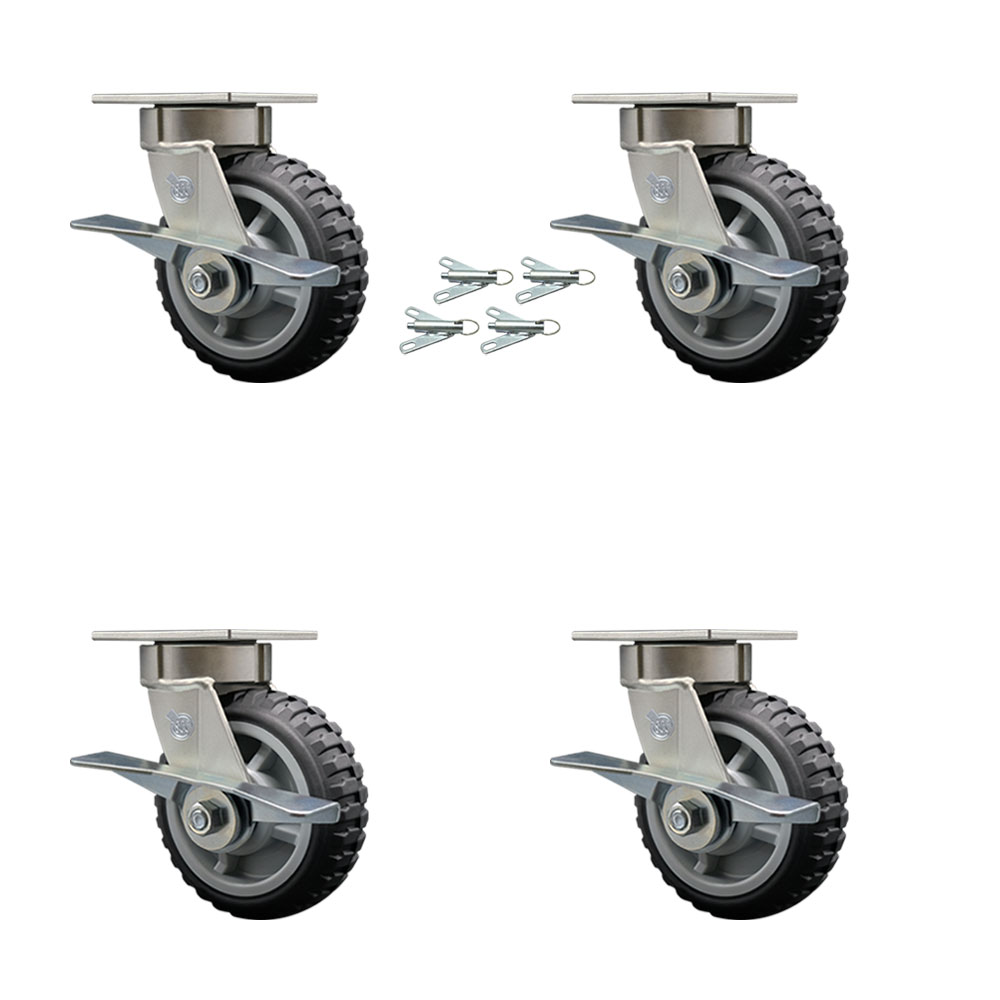 Heavy Duty Kingpinless Swivel Caster Set of 4 with 6 Inch MudderTuffer Thermoplastic Rubber Wheels and Ball Bearings-Includes 4 Swivel with Side Lock Brake and Bolt on Swivel Lock-Service Caster Brand — photo 1