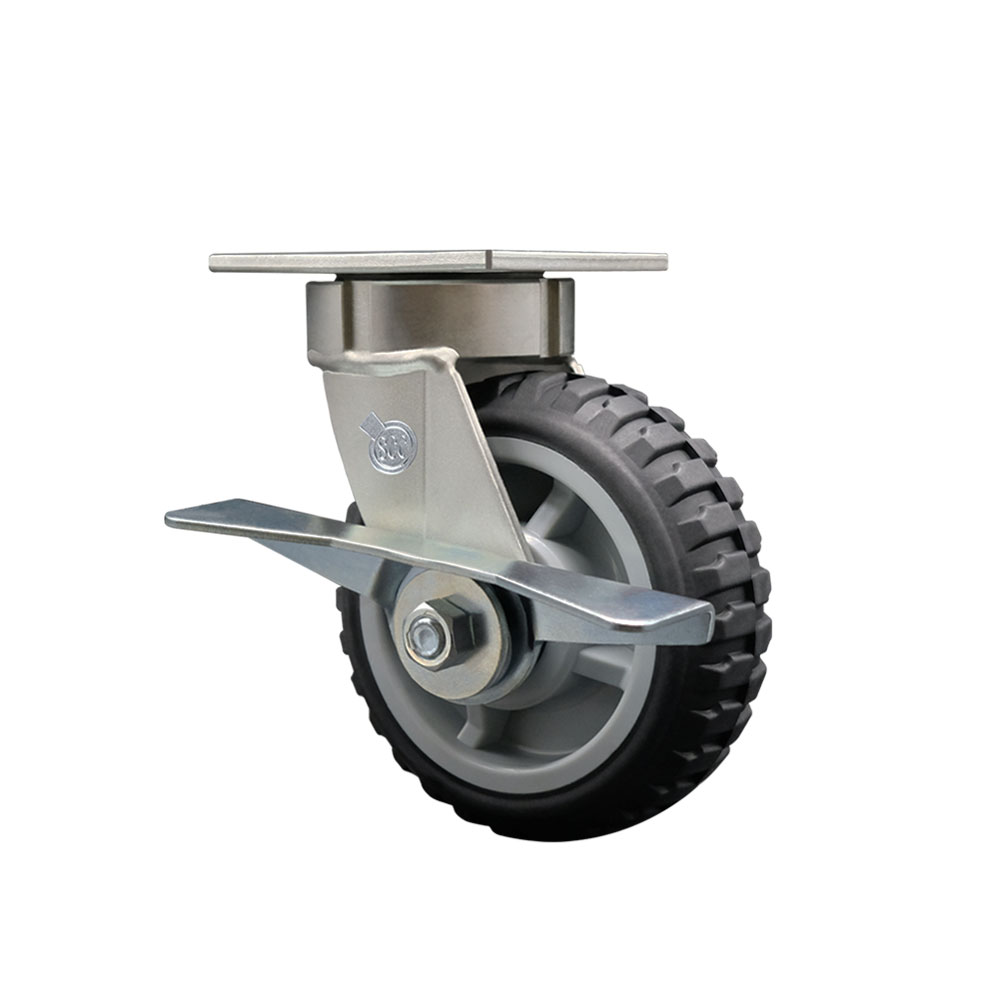 Heavy Duty Kingpinless Swivel Top Plate Caster with Side Lock Brake and 6 Inch MudderTuffer Thermoplastic Rubber Wheel with Ball Bearings - 600 lbs. Capacity/Caster - Service Caster Brand — photo 1