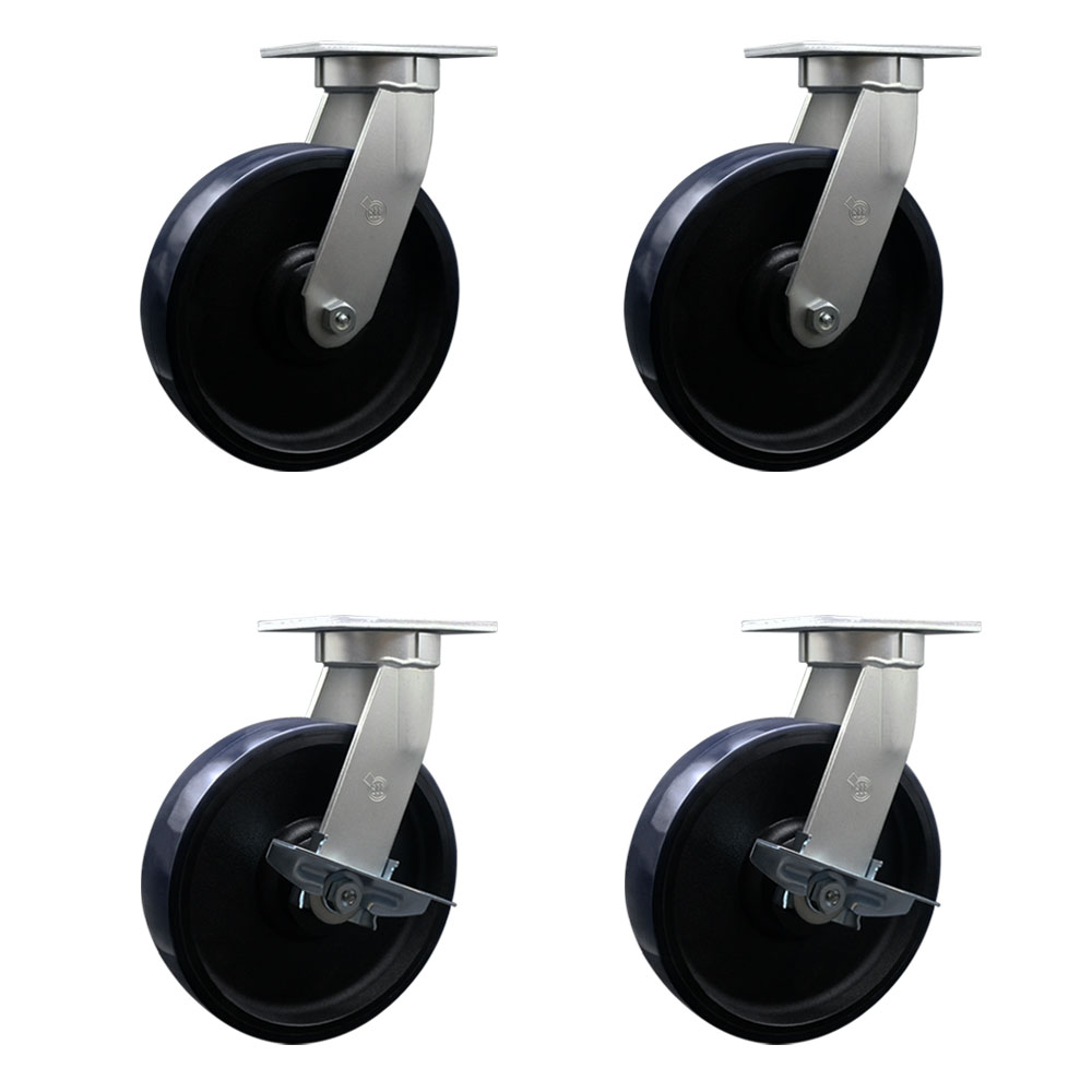 12 Inch Swivel Top Plate Caster Set Extra Heavy Duty Casters with Blue Polyurethane on Cast Iron Wheels - Includes 2 Swivel with Brakes and 2 Swivel-Casters Set of 4 Heavy Duty - Service Caster Brand — photo 1