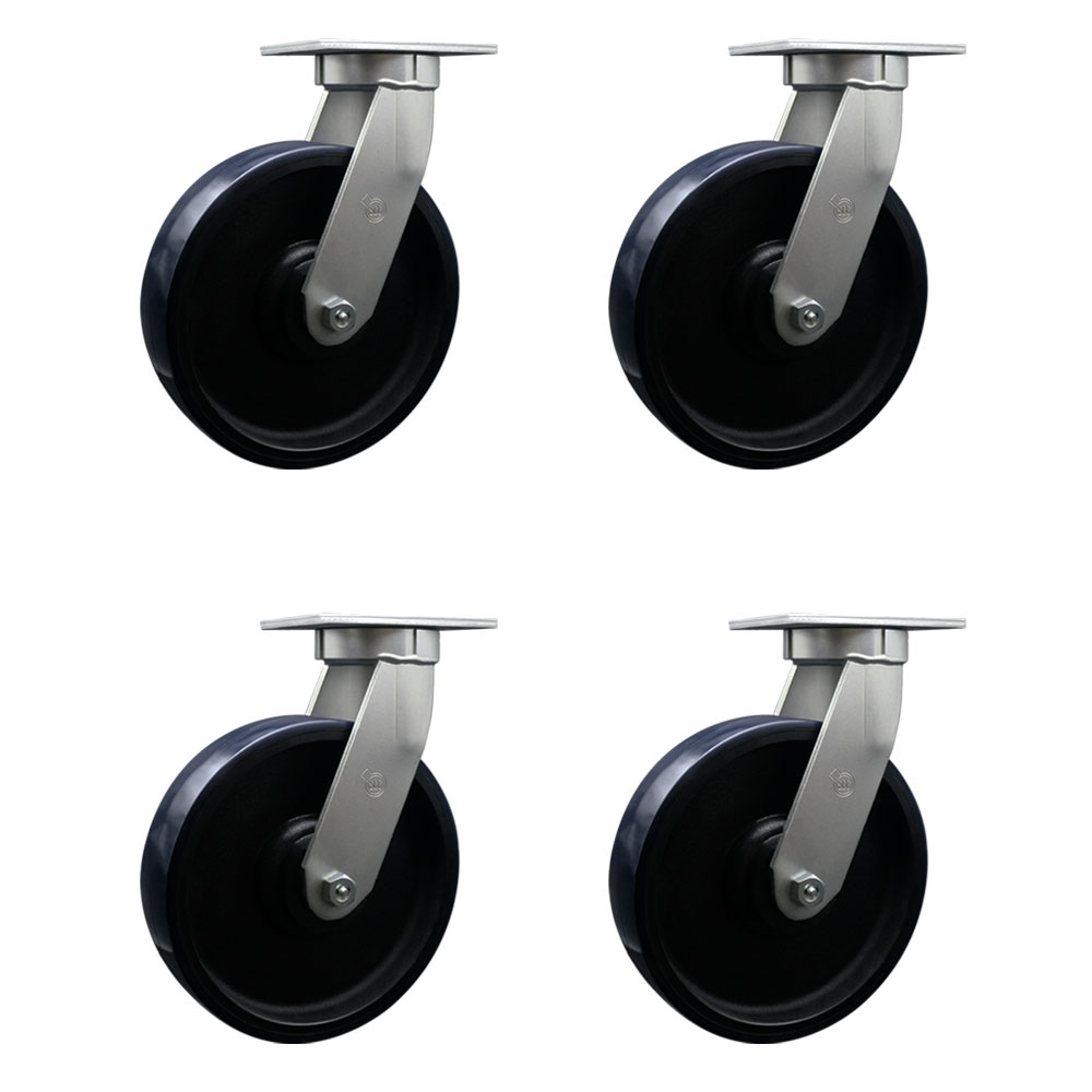 12 Inch Swivel Top Plate Caster Set Extra Heavy Duty Casters with Blue Polyurethane on Cast Iron Wheels-Includes 4 Swivel-Casters Set of 4 Heavy Duty-14,000 lbs. Total Capacity - Service Caster Brand — photo 1