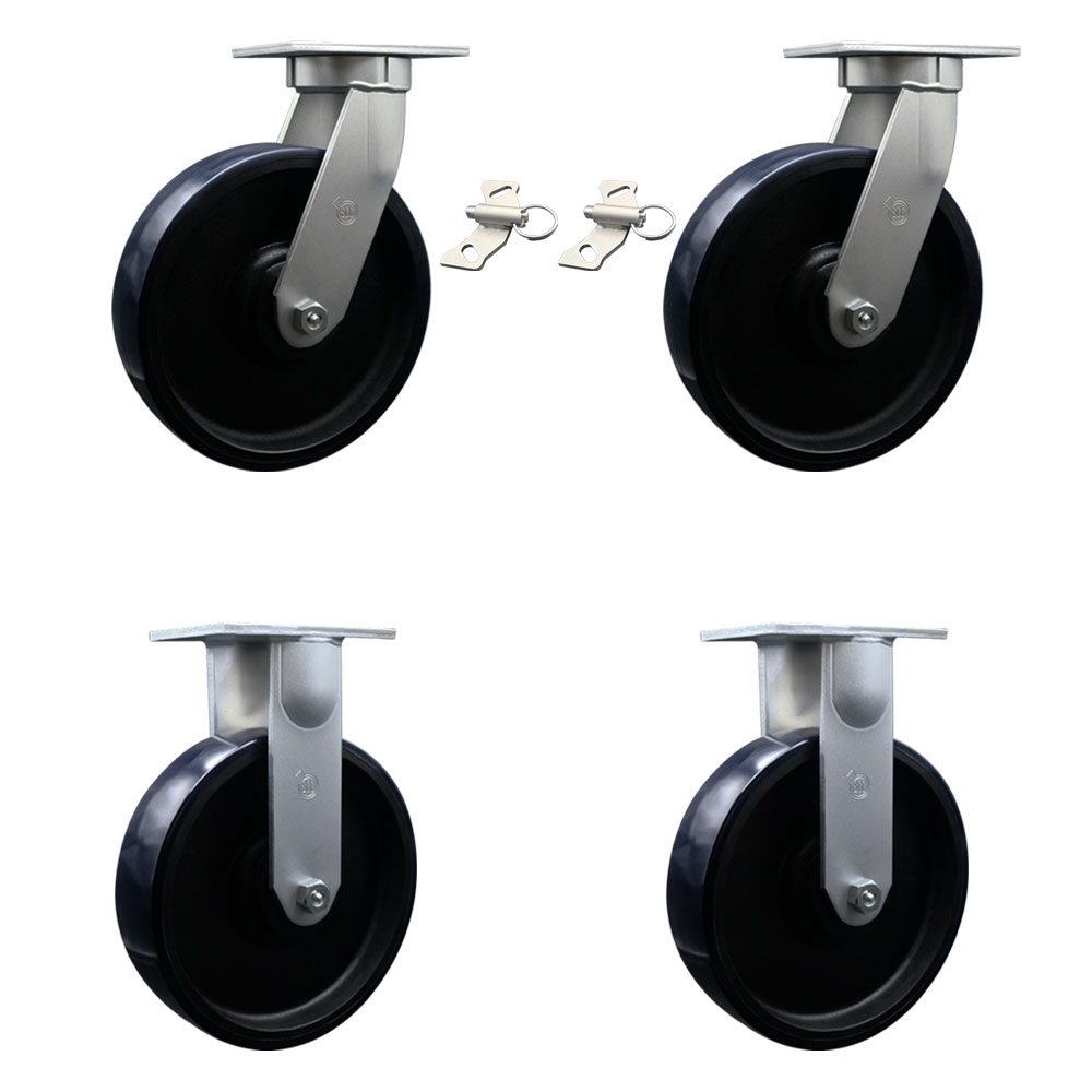12 Inch Swivel Top Plate Caster Set Extra Heavy Duty Casters with Blue Poly on Cast Iron Wheels-Include 2 Swivel with Bolt on Swivel Locks and 2 Rigid-Casters Set of 4 Heavy Duty-Service Caster Brand — photo 1