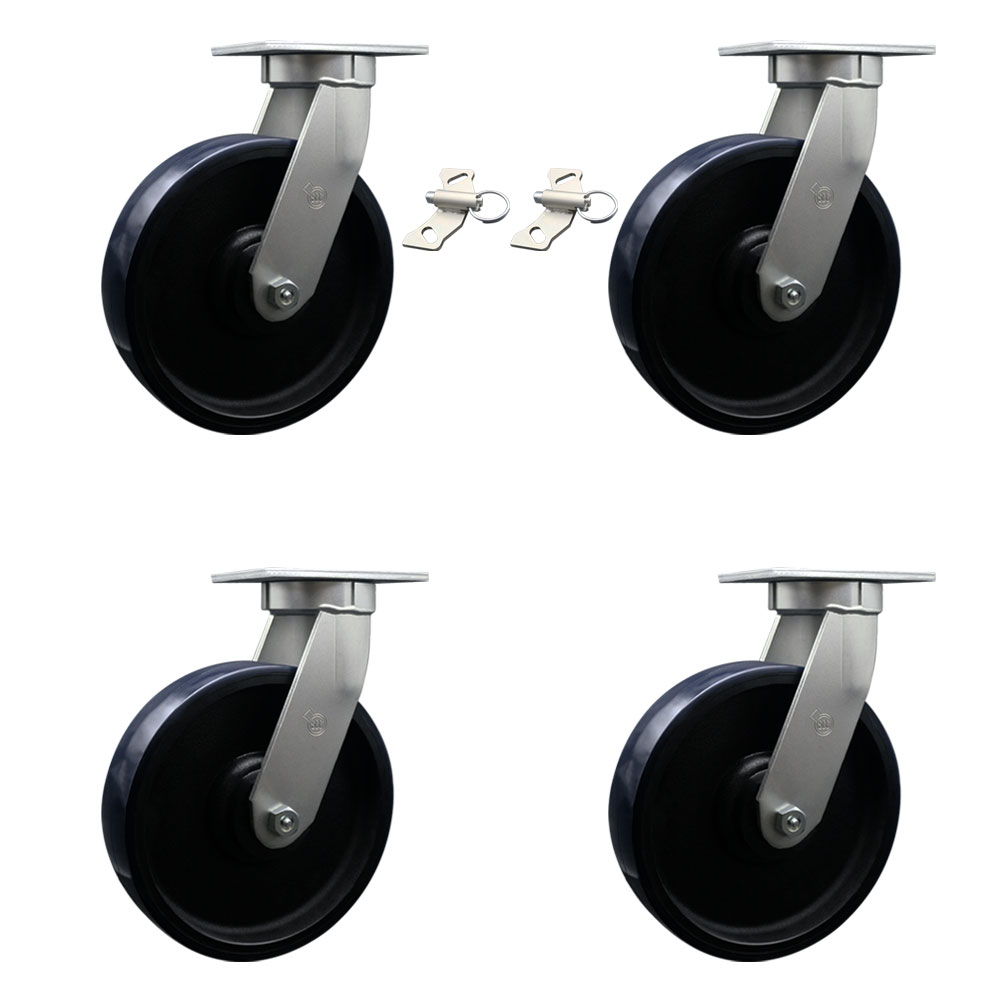 12 Inch Swivel Top Plate Caster Set Extra Heavy Duty Casters with Blue Polyurethane on Cast Iron Wheels-Includes 4 Swivel with 2 Bolt on Swivel Locks-Casters Set of 4 Heavy Duty- Service Caster Brand — photo 1