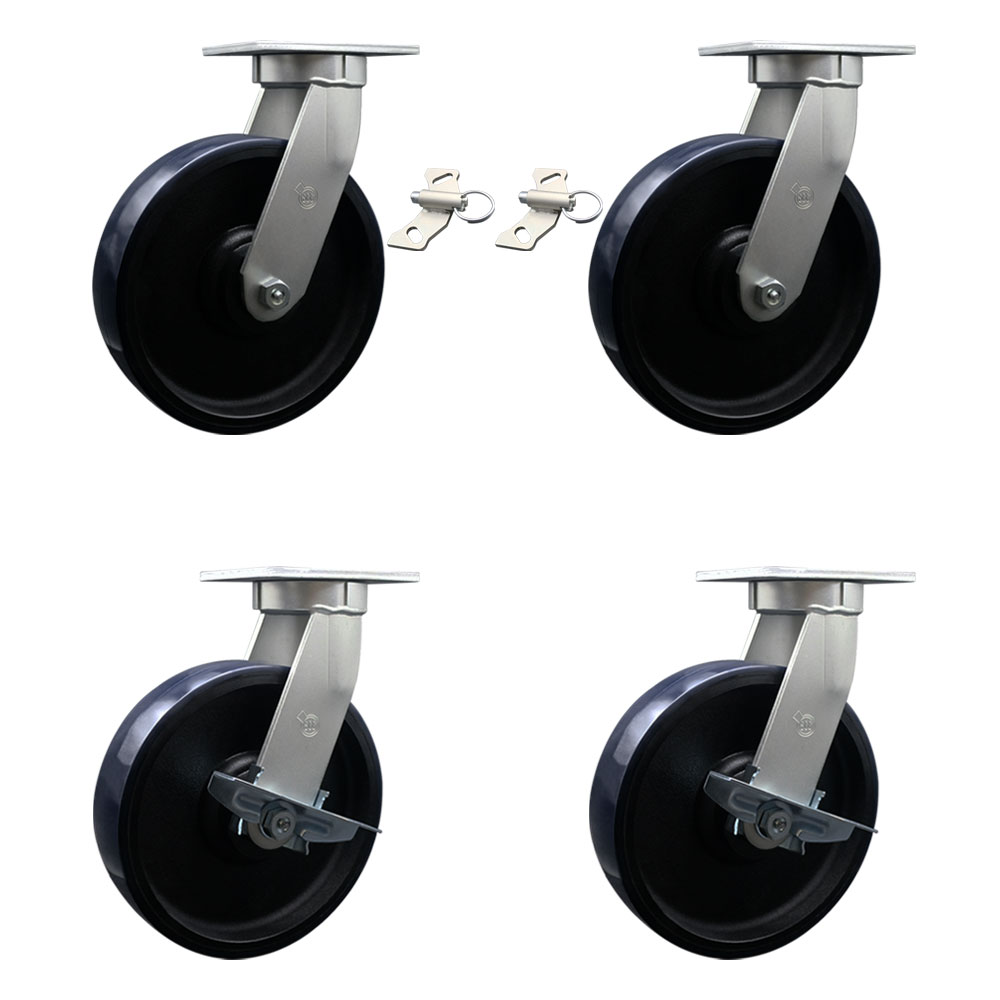 12 Inch Swivel Top Plate Caster Set Extra Heavy Duty Casters with Blue Poly on Cast Iron Wheels - Includes 2 Swivel with Bolt on Swivel Locks and 2 Swivel with Brakes -Set of 4 - Service Caster Brand — photo 1