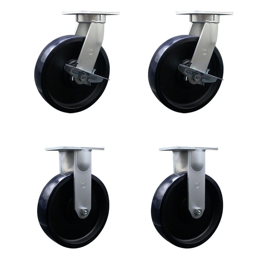 12 Inch Swivel Top Plate Caster Set Extra Heavy Duty Casters with Blue Polyurethane on Cast Iron Wheels - Includes 2 Swivel with Brakes and 2 Rigid - Casters Set of 4 Heavy Duty- Service Caster Brand — photo 1