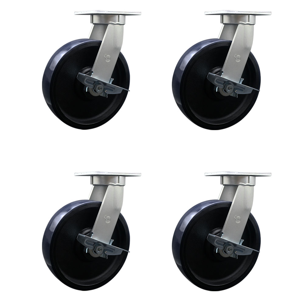 12 Inch Swivel Top Plate Caster Set Extra Heavy Duty Casters with Blue Polyurethane on Cast Iron Wheels - Includes 4 Swivel with Side Lock Brakes - Casters Set of 4 Heavy Duty - Service Caster Brand — photo 1