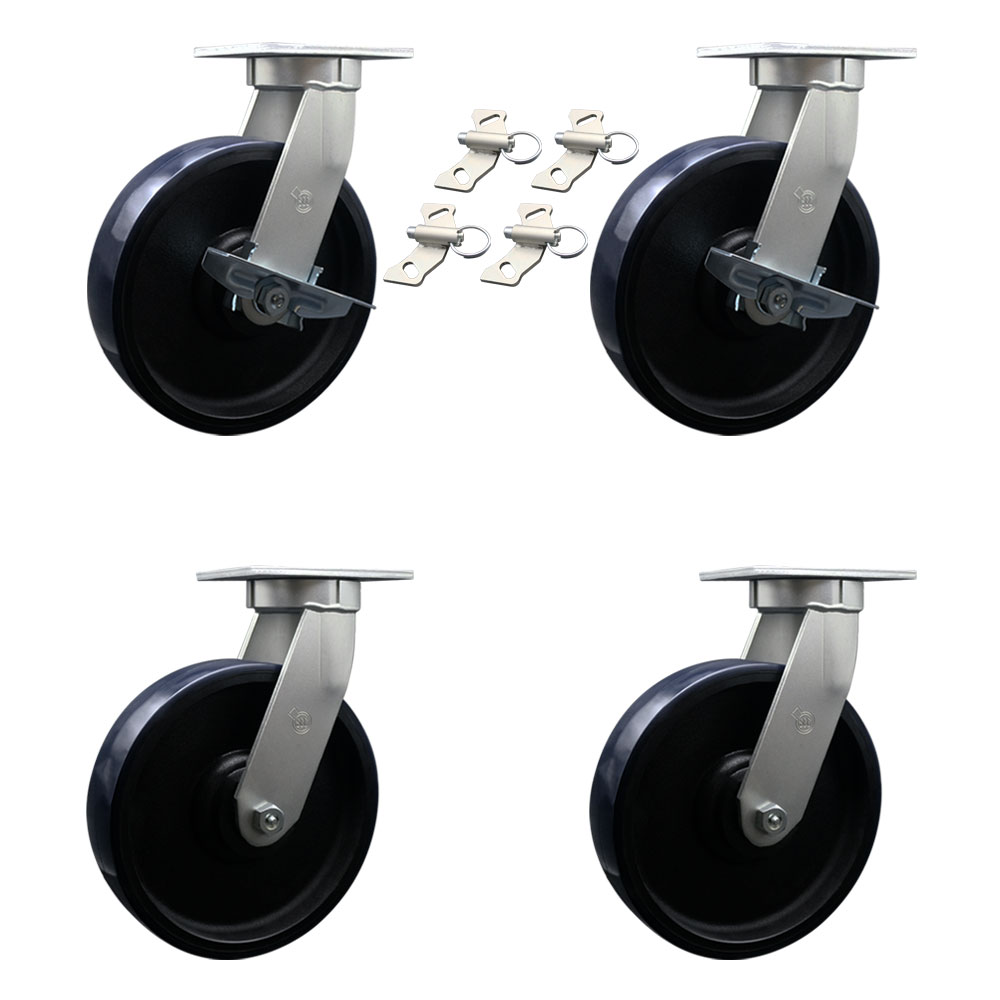 12 Inch Swivel Top Plate Caster Set Extra Heavy Duty Casters with Blue Poly on Cast Iron Wheel-Include 2 Swivel w/Brake and Bolt on Swivel Lock and 2 Swivel w/Bolt on Swivel Lock-Service Caster Brand — photo 1