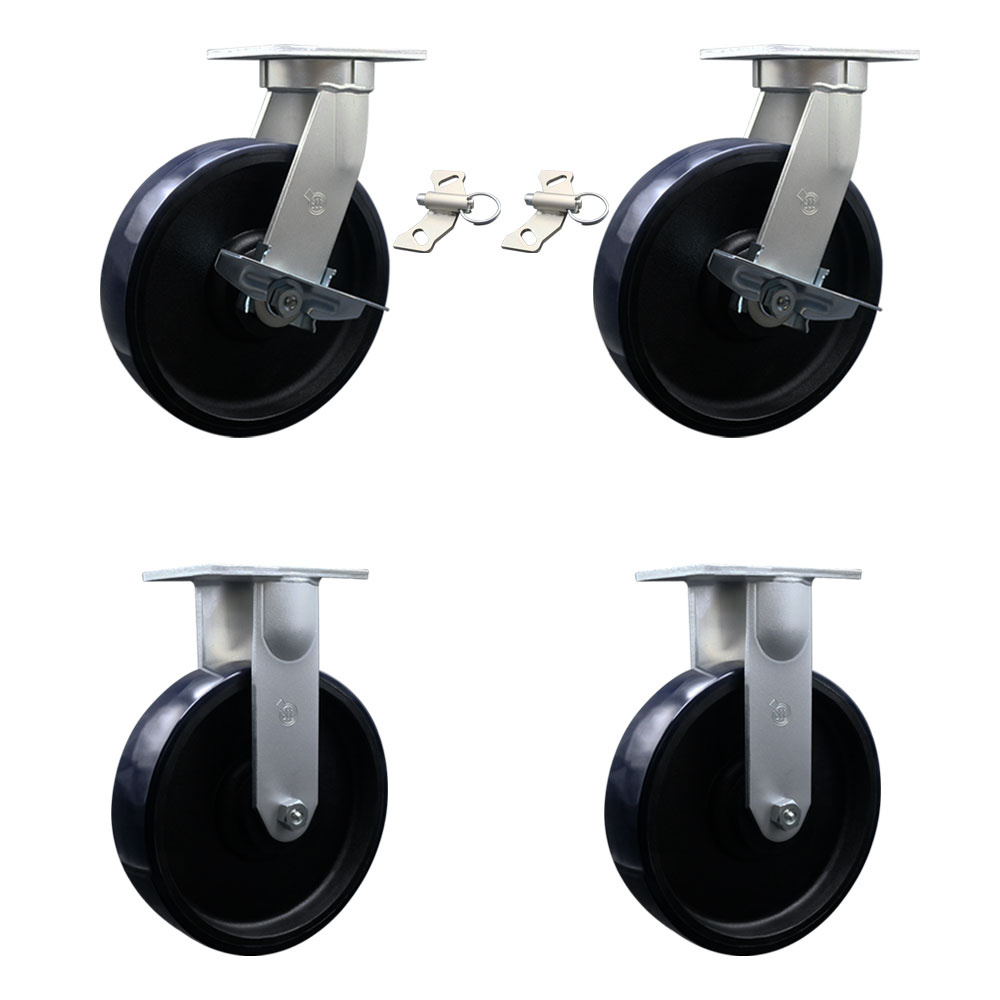 12 Inch Swivel Top Plate Caster Set Extra Heavy Duty Casters with Blue Poly on Cast Iron Wheels - Includes 2 Swivel with Brakes and Bolt on Swivel Locks and 2 Rigid - Set of 4 - Service Caster Brand — photo 1