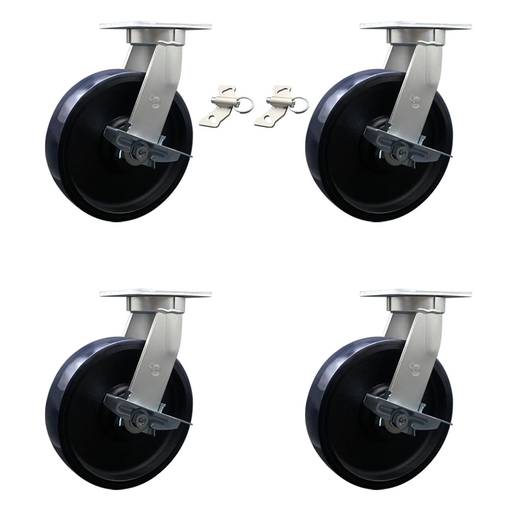 12 Inch Swivel Top Plate Caster Set Extra Heavy Duty Casters with Blue Poly on Cast Iron Wheels -Includes 2 Swivel with Brakes and Bolt on Swivel Locks and 2 Swivel with Brakes - Service Caster Brand — photo 1