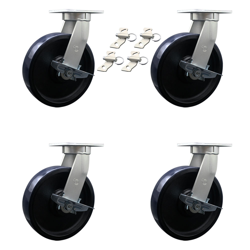 12 Inch Swivel Top Plate Caster Set Extra Heavy Duty Casters with Blue Polyurethane on Cast Iron Wheels-Includes 4 Swivel with Side Lock Brakes and Bolt on Swivel Locks-Set of 4 - Service Caster Brand — photo 1