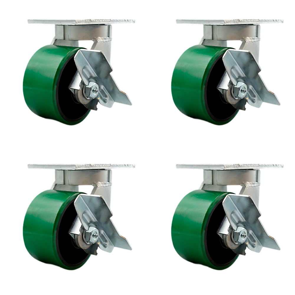 Extra Heavy Duty 6” x 3” Green Poly on Cast Iron Swivel Caster Set for Cranes, Gantries, Hoists,and Winches-2 with Brake and Swivel Lock/2 with Brake-2,000lbs Per Caster-Set of 4-Service Caster Brand — photo 1