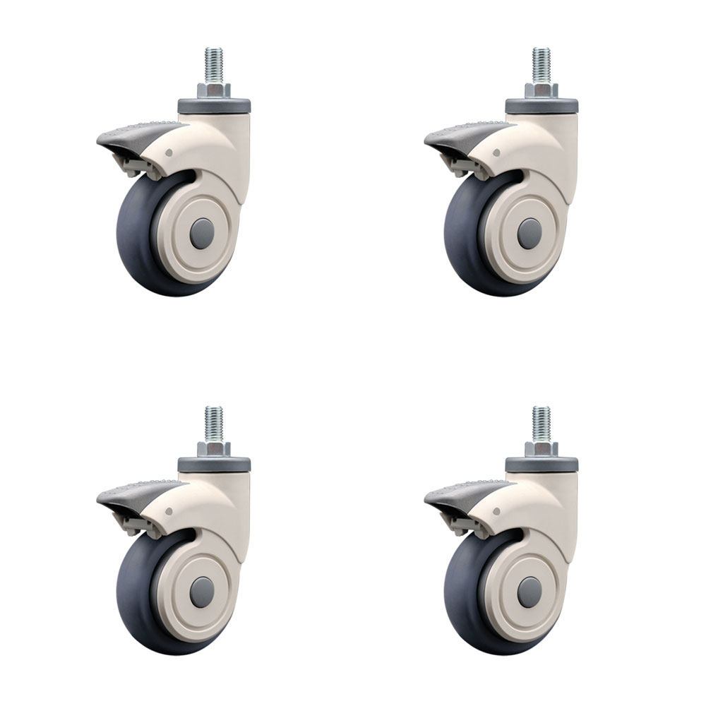 3 Inch Swivel Caster Wheels for IV Pole Bases and More-Nylon Hooded Thermoplastic Rubber Wheel with 10MM-1.5 TPI x 3/4 Inch Threaded Stem and Brake-440lbs. Total Capacity-Set of 4-Service Caster Brand — photo 1