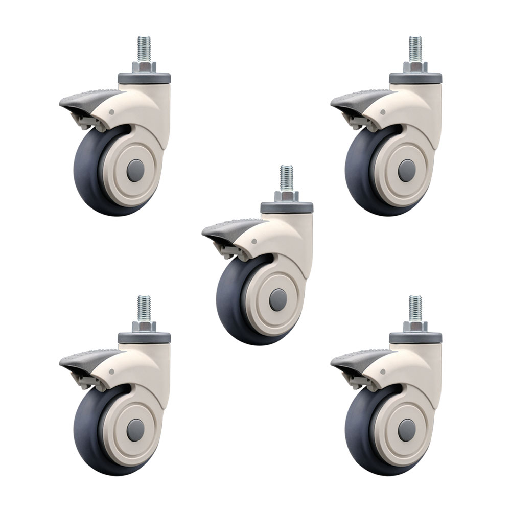 3 Inch Swivel Caster Wheels for IV Pole Bases and More-Nylon Hooded Thermoplastic Rubber Wheel with 10MM-1.5 TPI x 3/4 Inch Threaded Stem and Brake-550lbs. Total Capacity-Set of 5-Service Caster Brand — photo 1