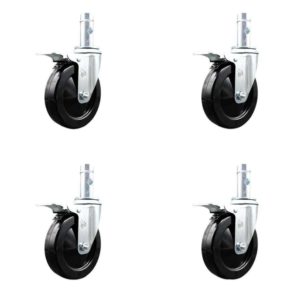 5 Inch Swivel Scaffolding Wheels Caster Set of 4 - Black Hard Rubber Wheels - 1-3/64 Inch x 2-3/4 Inch Grip Ring Stems-300 lbs. Capacity Per Caster-Total Lock Brakes-Service Caster Brand — photo 1