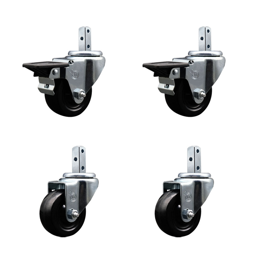 Swivel Square Stem Caster Set 4 w/3” x 1.25” Black Hard Rubber Wheel-3/4” x 2” Square Stem with (3) 17/64” Diameter Mounting Holes-Includes 2 Posi Lck Brakes-1100lbs. Cpty/Caster- Service Caster Brand — photo 1