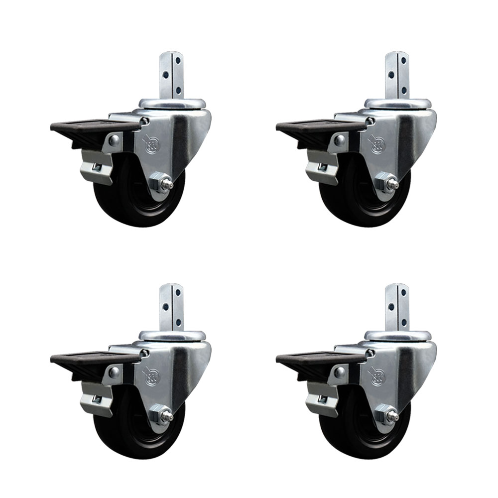 Swivel Square Stem Caster Set 4 w/3” x 1.25” Black Hard Rubber Wheel-3/4” x 2” Square Stem with (3) 17/64” Diameter Mounting Holes-Includes 4 Posi Lck Brakes-1100lbs. Cpty/Caster- Service Caster Brand — photo 1
