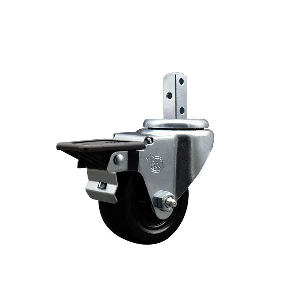 Swivel Square Stem Caster w/3” x 1.25” Black Hard Rubber Wheel – 7/8” x 2” Square Stem with (3) 17/64” Diameter Mounting Holes & Posi Lock Brakes – 275 lbs. Capacity/Caster – Service Caster Brand — photo 1